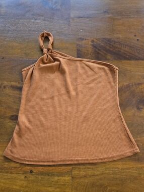 One-Shoulder Knot Waffle Weave Tank Top In Rust Size XL